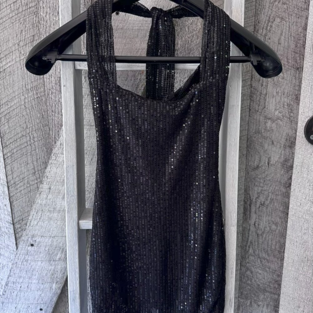 Lucy In The Sky - Sequin Striped Halter Dress in Black (XXS)